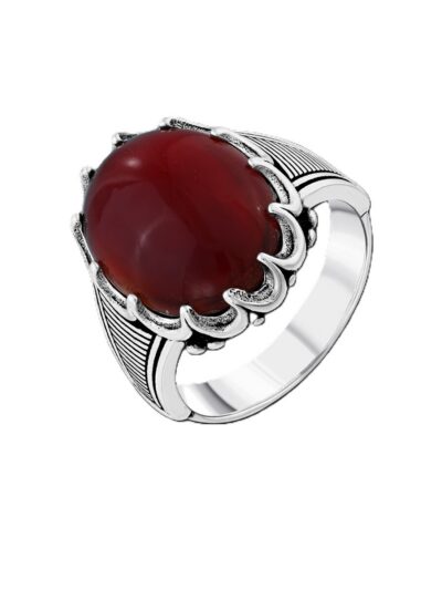 Gümüş Kırmızı Akik Taşlı Oval Kesim Erkek Yüzük